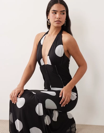 Женское макси-платье ASOS Design с корсетом, черное в горох