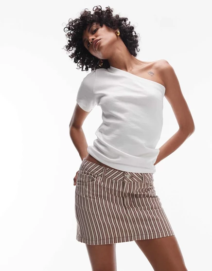 Джинсовая мини-юбка с ламбрекеном от Topshop в бордовую и молочную полоску burgundy stripe