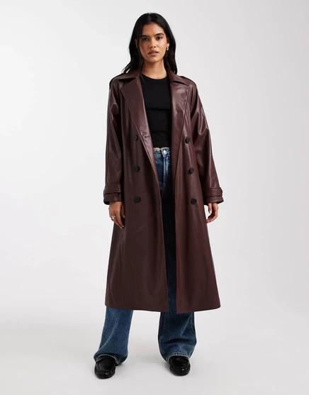 ТОЛЬКО коричневое длинное пальто-тренч из искусственной кожи chocolate brown