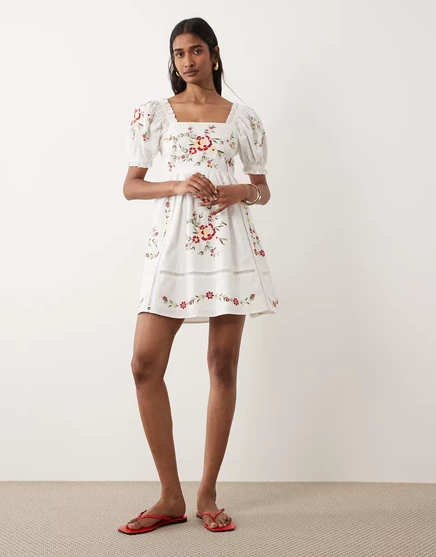 Женское мини-платье Miss Selfridge baby-doll с вышивкой, белое