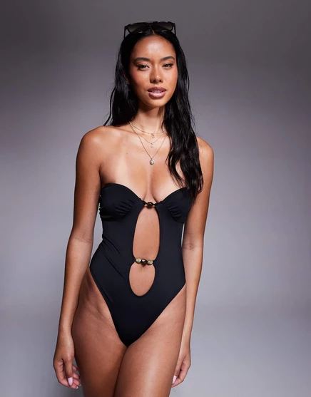 Купальник-бандо Tara от ASOS DESIGN с черной фурнитурой, украшенной бисером black