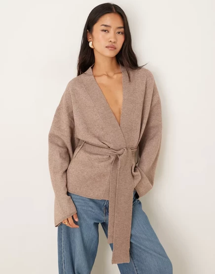 Кардиган-кимоно с запахом из трикотажа Gina Tricot коричневого меланжа