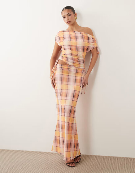 Женская макси-юбка asos design из сетки с рюшами, оранжевая клетка