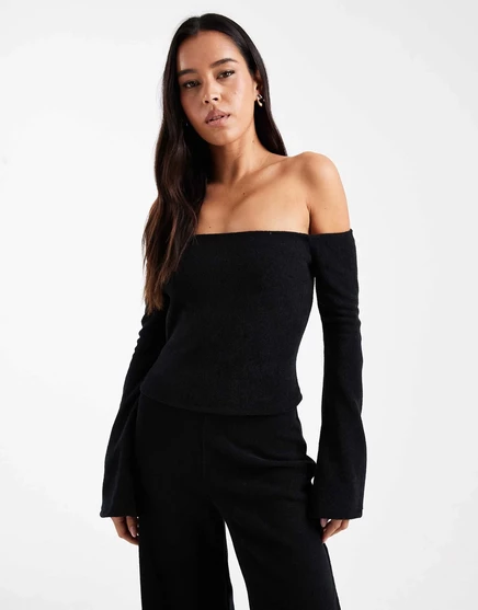 Топ черного цвета из матового трикотажа в рубчик с открытыми плечами от ASOS DESIGN - часть комплекта black