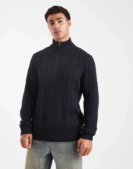 Темно-синий свитер премиум-класса из кабельной вязки на молнии Jack &Jones темно-синего цвета dark navy
