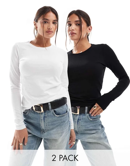 2 пары хлопковых футболок приталенного кроя с длинными рукавами ASOS DESIGN black/white