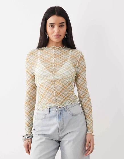 ДИЗАЙНЕРСКИЙ сетчатый топ ASOS с длинными рукавами и отделкой из листьев салата в зеленую клетку
