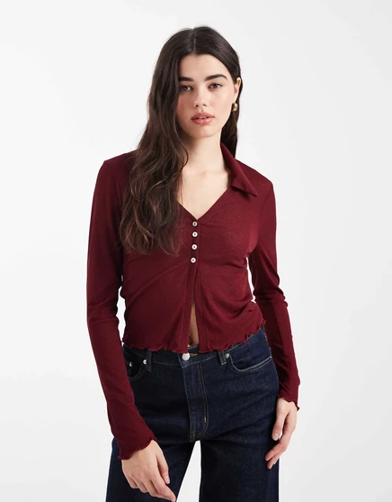 Полупрозрачная рубашка ASOS DESIGN с длинным рукавом винного цвета wine