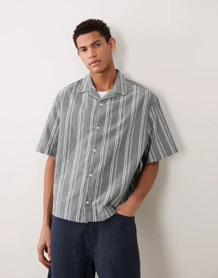 ДИЗАЙНЕРСКАЯ льняная рубашка в полоску свободного кроя от ASOS темно-зеленого цвета темно-зеленый