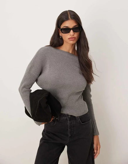 ДИЗАЙНЕРСКИЙ свитер ASOS из синели с открытыми плечами серого цвета gray