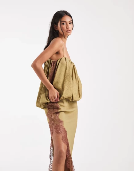 Женское миди-платье ASOS Design с кружевной аппликацией, хаки