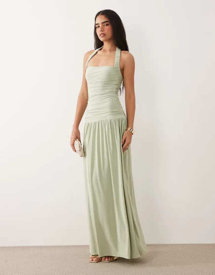 Макси-платье ASOS DESIGN soft touch с рюшами на шее в цвете шалфей зеленый sage green