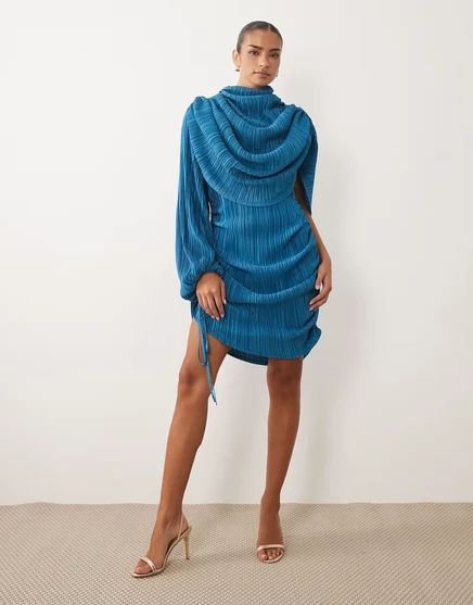 Женское плиссированное мини-платье ASOS Design с кейп-рукавом, сине-бирюзовое