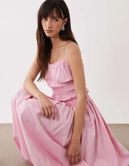 Макси-сарафан из гофрированного хлопкового поплина ASOS DESIGN с заниженной талией в розовую полоску pink stripe