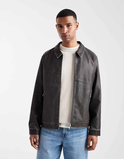 Мужская куртка-харрингтон Jack & Jones из экокожи, черная