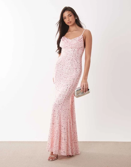 Oh Polly premium embellished open-back floral detailing maxi dress in baby pink pink
