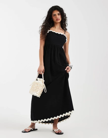 Макси-платье Vero Moda cami с контрастной отделкой в виде фестончика черного цвета black birch
