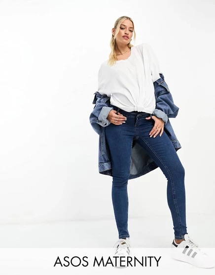 Голубые джинсы скинни с завышенной талией ASOS DESIGN Maternity dark wash