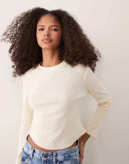Женский ажурный топ Miss Selfridge рукав 3/4, молочно-желтый