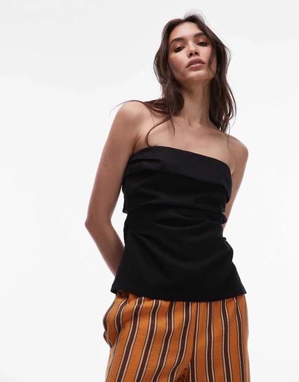 Льняной топ-бандо в складку от Topshop черного цвета black