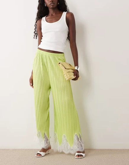 Женские брюки ASOS Design плиссе прямые с кружевом, зеленые
