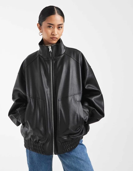 ДИЗАЙНЕРСКАЯ кожаная куртка-бомбер-воронка в стиле оверсайз от ASOS DESIGN черного цвета black