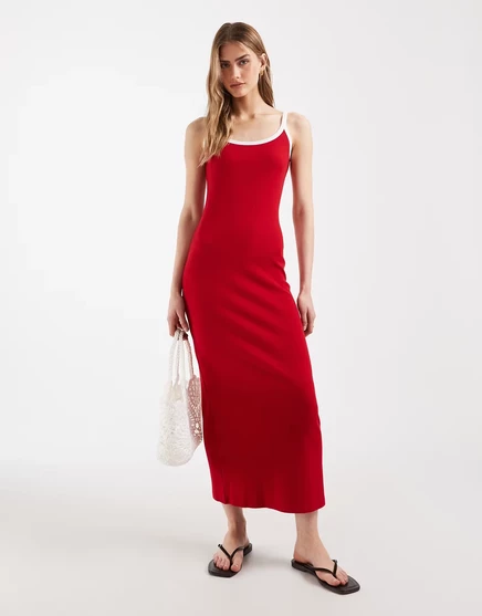 Женское миди-платье ASOS Design в рубчик с белой отделкой, красно-белое
