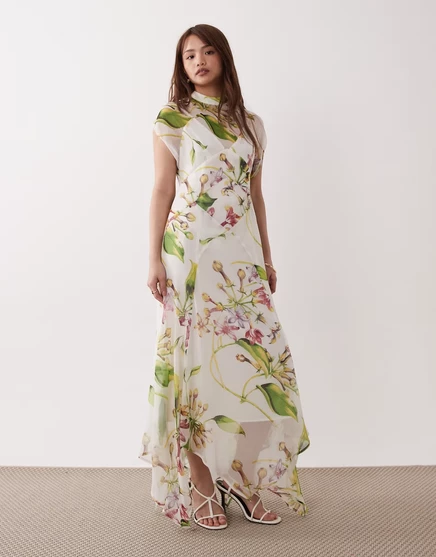 ASOS DESIGN Миниатюрное шифоновое макси-платье с платочком на подоле и высоким воротом с крупным цветочным принтом и цветочным принтом в полоску