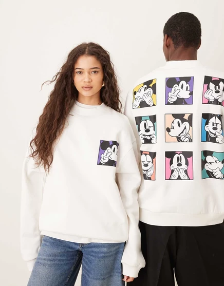 Мужская толстовка поло оверсайз от ASOS DESIGN Disney унисекс с принтом Микки Мауса белого цвета coconut milk