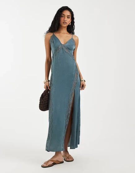 Женское макси-платье-комбинация Free People, серо-голубое