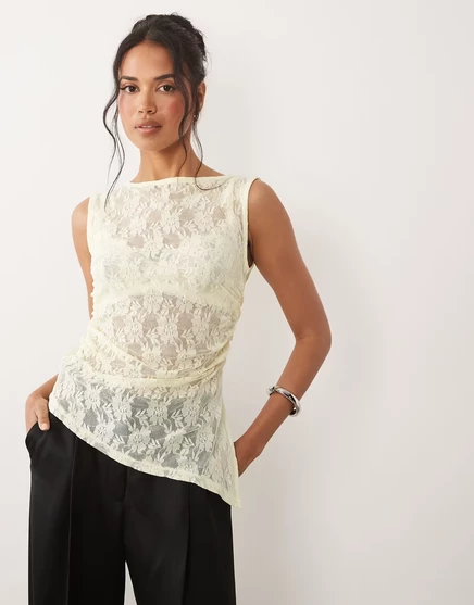 Женский асимметричный топ ASOS Design с кружевом и сборкой по бокам, кремово-желтый