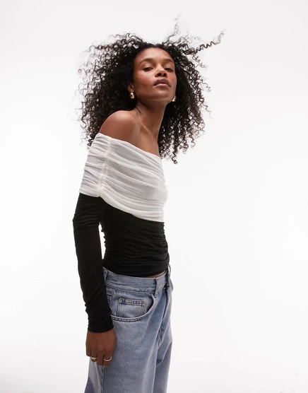 Прозрачный топ с открытыми плечами и длинными рукавами Topshop в стиле колор-блок stone