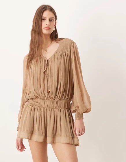 Женское мини-платье Free People Sunbeam с длинным рукавом, песочно-коричневое