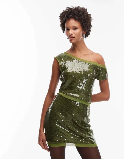 Топ с открытыми плечами из сетки с блестками ASOS DESIGN оливкового цвета - часть комплекта olive green