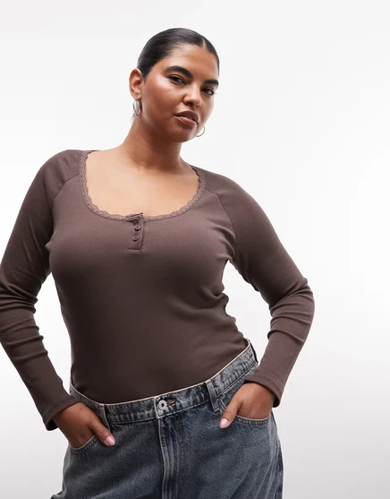Женская футболка Noisy May Curve Henley с кружевной горловиной, шоколадная