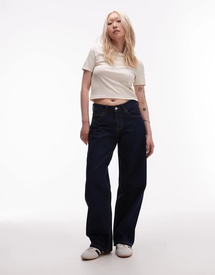 Расклешенные джинсы Topshop Petite Cinch с низкой посадкой в необработанном стиле цвета индиго 