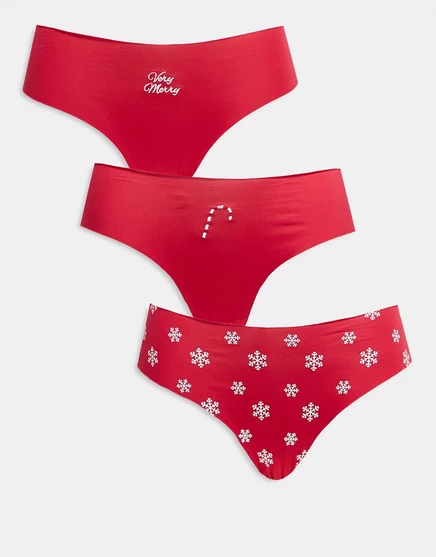 ASOS DESIGN, 3 комплекта, бразильские трусы вишнево-красного цвета с рождественским принтом без vpl и кружевами cherry red