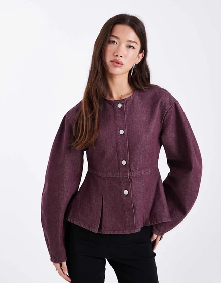 ДИЗАЙНЕРСКИЙ джинсовый топ-баска с рукавами-коконами ASOS сливового цвета plum