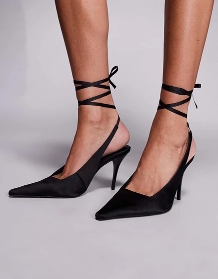 Туфли-лодочки ASOS DESIGN Pascha с завязками на ногах и острым носком из черного атласа black satin