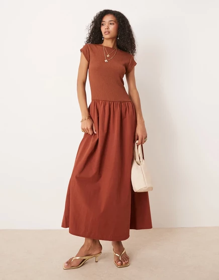 ДИЗАЙНЕРСКОЕ макси-платье ASOS с заниженной талией из смеси текстуры и поплина цвета ржавчины rust