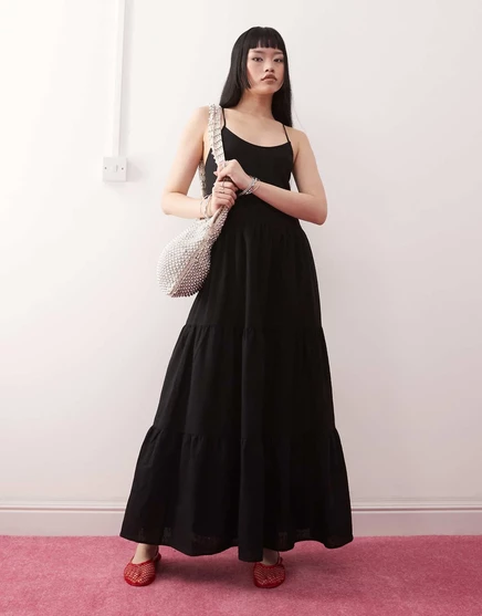 Льняное многоярусное платье мидакси Monki черного цвета - эксклюзивно для ASOS black