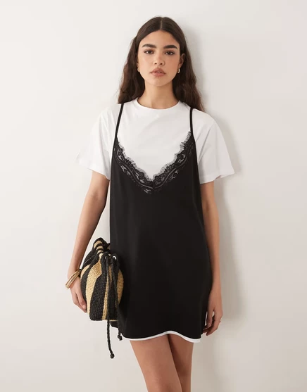 Женское мини-платье ASOS Design с кружевной накидкой, бело-черное