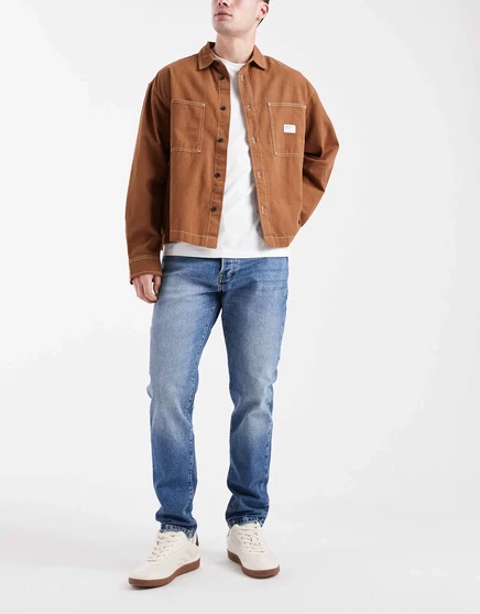 Джинсы ONLY &SONS с кокеткой зауженного кроя, темно-синего цвета, постиранные medium blue denim