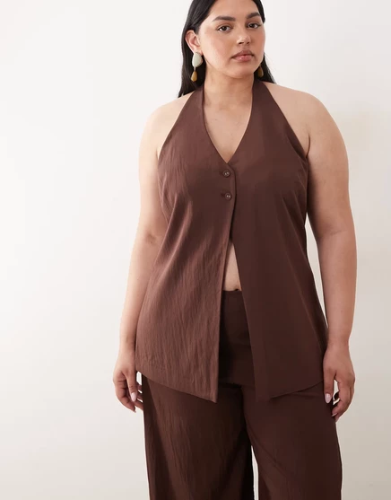 Женский топ ASOS Curve хальтер с пуговицами, коричневый