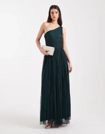 Женское макси-платье Lace & Beads на одно плечо, зеленое