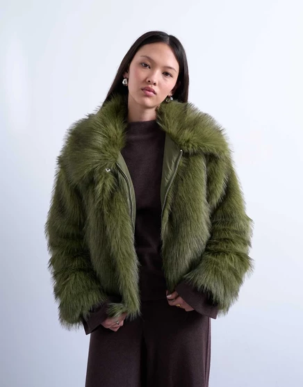 Женская бомбер-куртка TopShop из искусственного меха, оливковая
