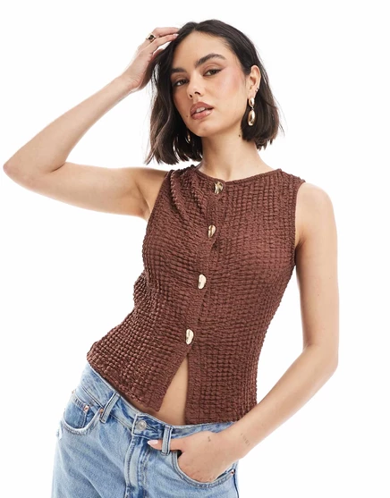 ДИЗАЙНЕРСКИЙ текстурированный топ ASOS на пуговицах коричневого цвета с золотыми фурнитурами chocolate brown
