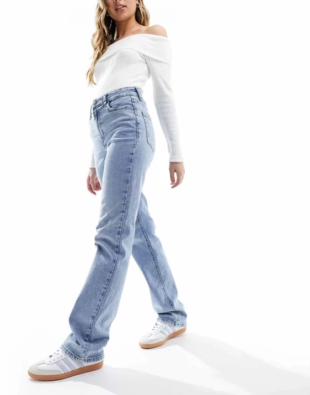 Голубые прямые джинсы с завышенной талией Pieces Kelly light blue