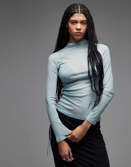 Полупрозрачный топ ASOS DSIGN с высоким воротом и длинными рукавами и рюшами светлосерого цвета light gray