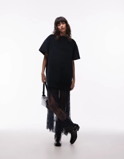 Макси-платье-гибрид футболки cord от ASOS DESIGN с кружевной юбкой темно-синего цвета midnight navy